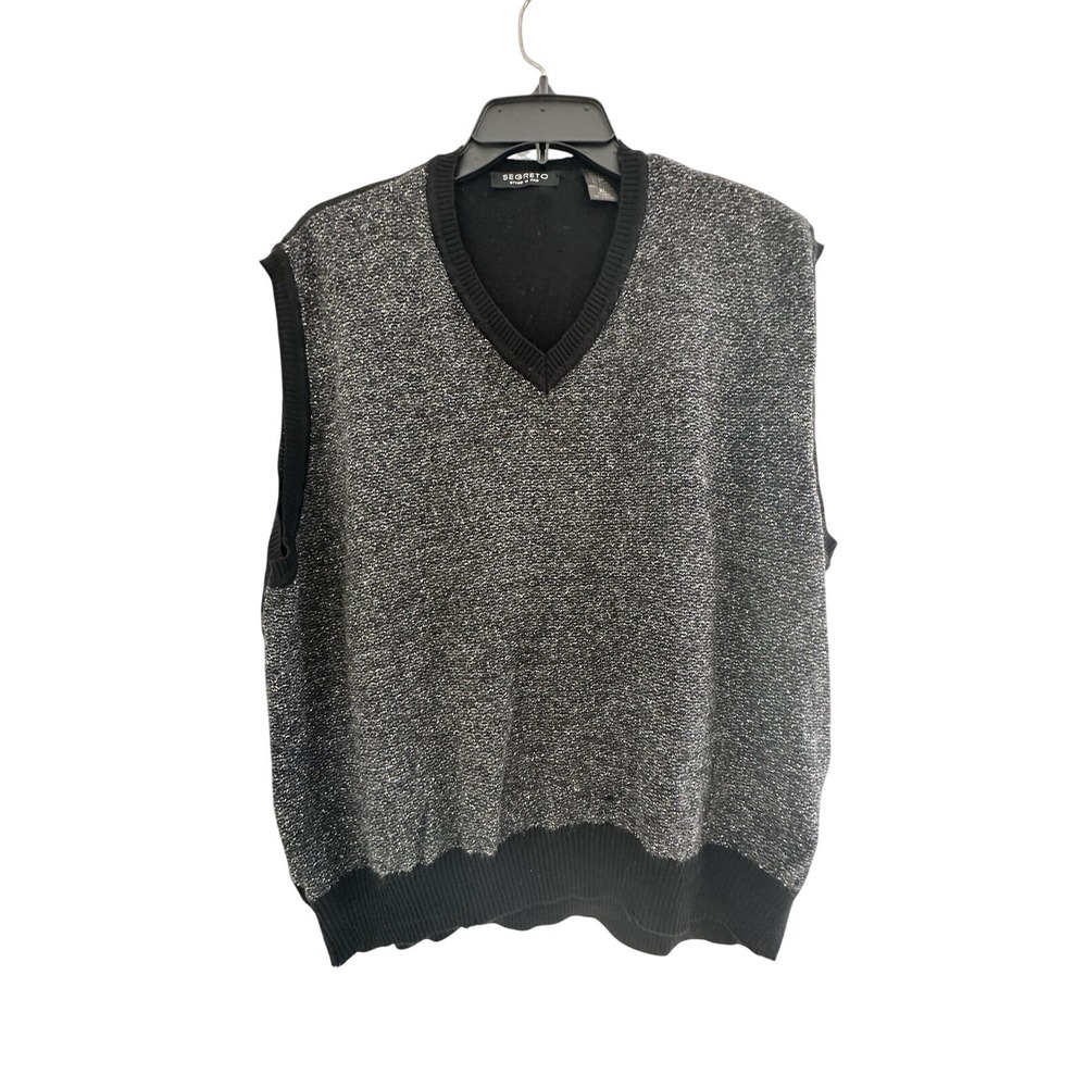 Segreto Men's Sweater Vest XL Wool Silk Blend V-Neck Grey Blk Preppy Grandpacore